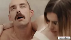 Play T-Girl Boss Gives Rough Anal Fuck to Submissive Shemale Maid in Laundry Room
